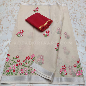 Beige Cotton Kota Doria Embroidery Work Saree With Contrast Blouse Piece
