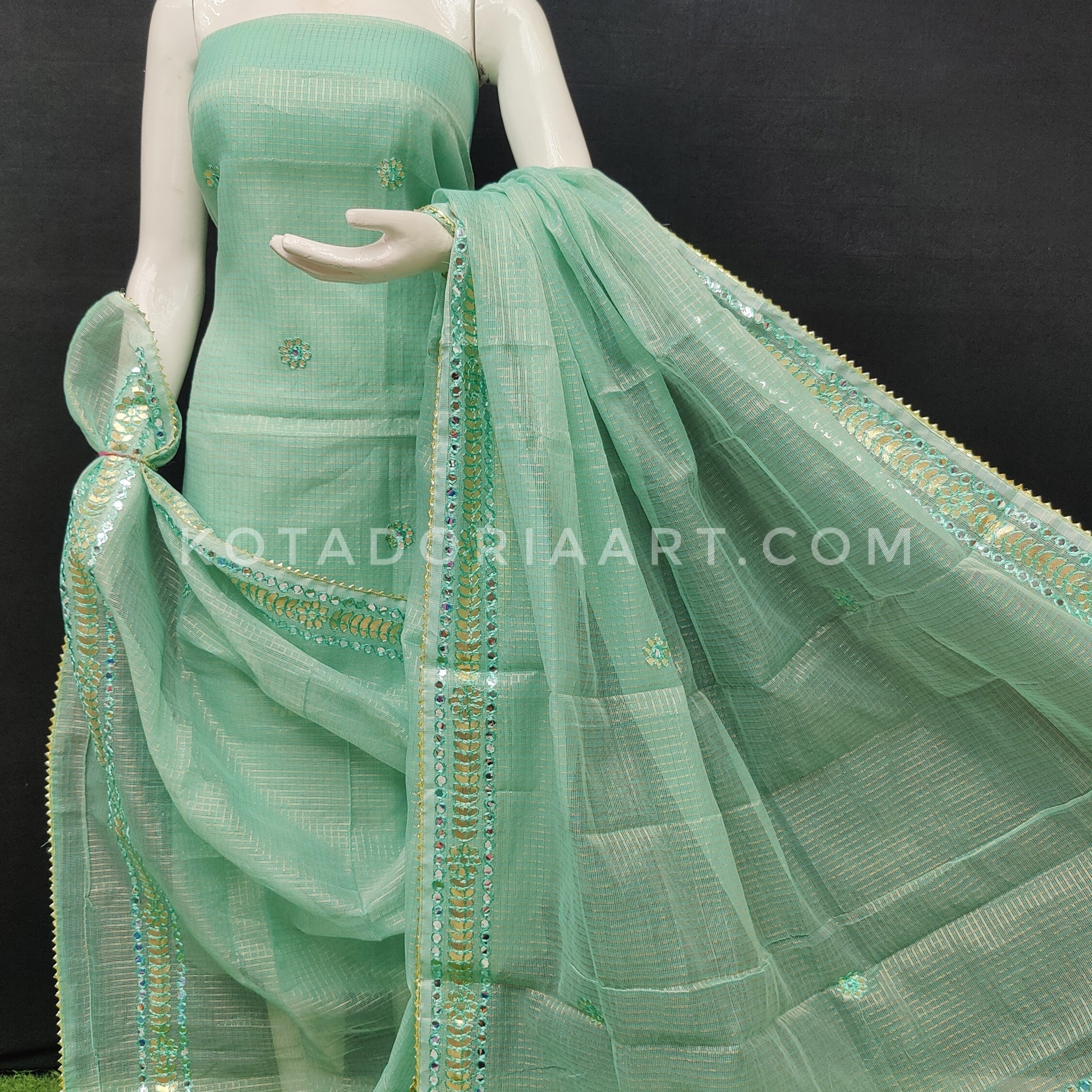 Sea Green Kota Doria Cotton Gota-Patti Work Dress Material with Bottom