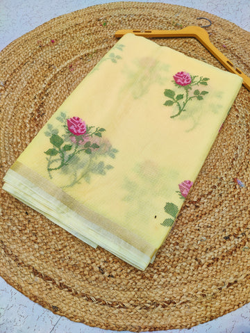 Yellow Cotton Kota Doria Embroidery Work Saree With Contrast Blouse Piece