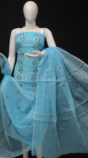 Sky-blue Kota Doria Cotton Embroidery Work Dress Material
