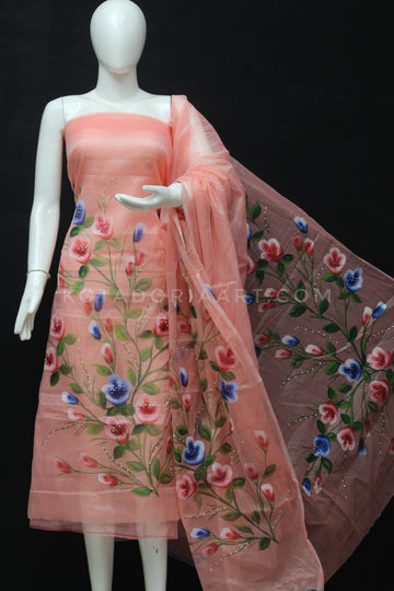 Peach Kota Doria Cotton Hand Pented Dress Material With Bottom.