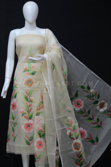 Beige Kota Doria Cotton Hand Pented Dress Material With Bottom.