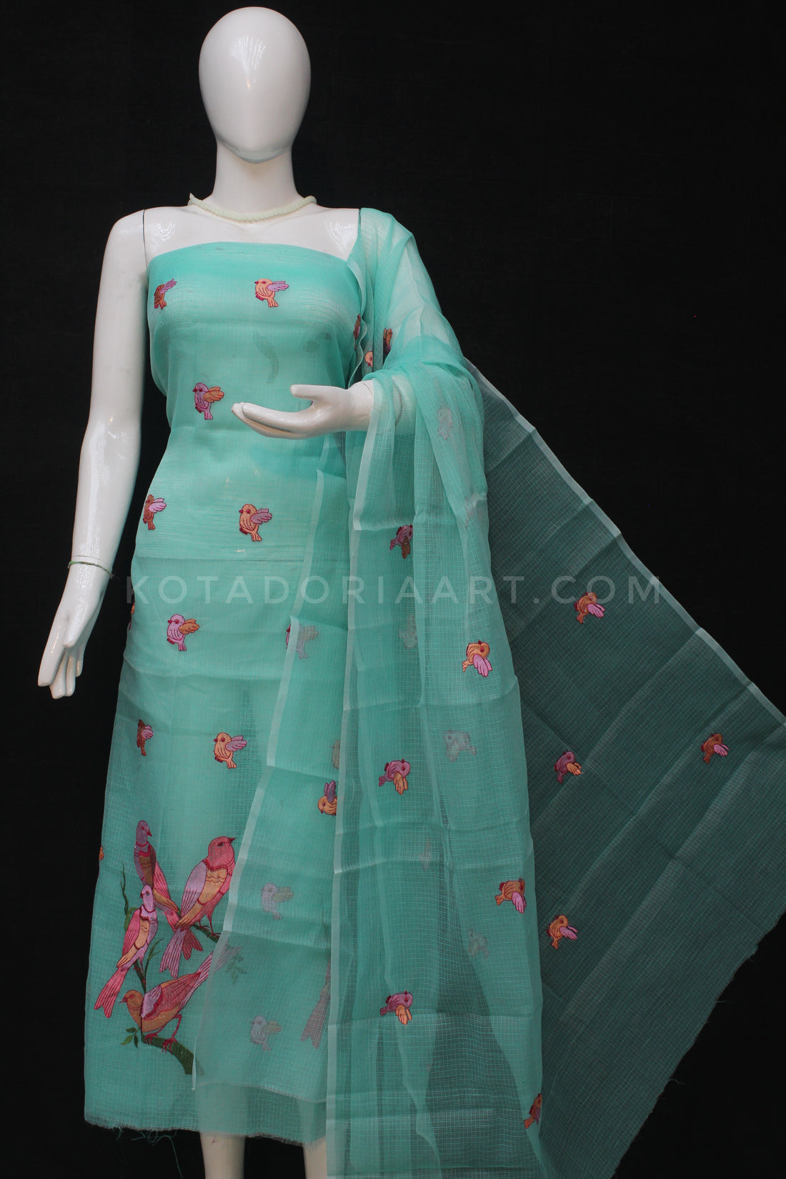 Sea Green Kota Doria Cotton Embroidery Work Dress Material
