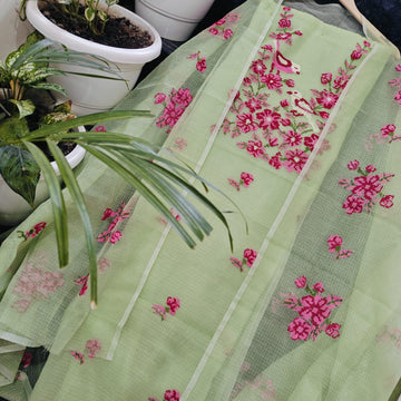 Mint-Green Kota Doria Cotton Embroidery Work Dress Material