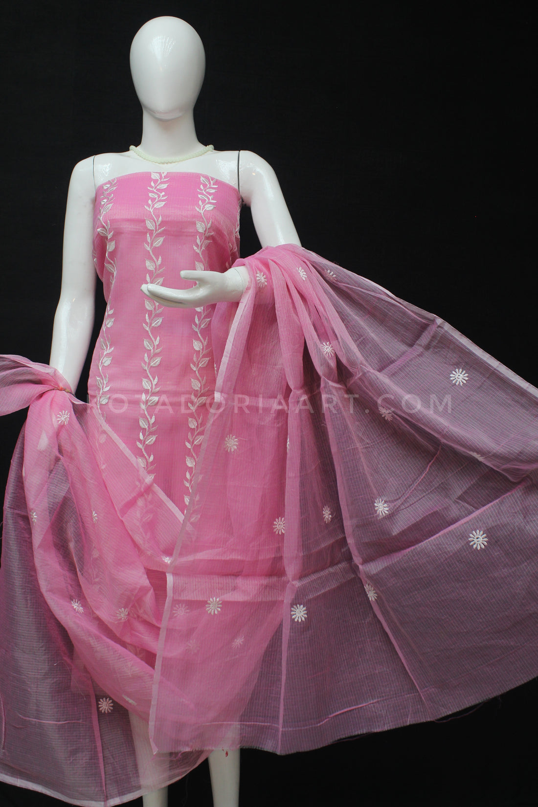 Pink Kota Doria Cotton Embroidery Work Dress Material