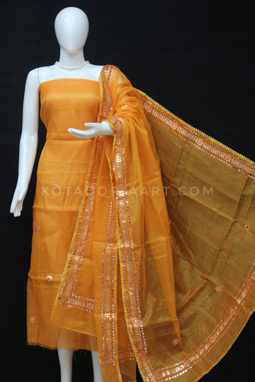 Orange Kota Doria Cotton Gota-Patti Work Dress Material with Bottom