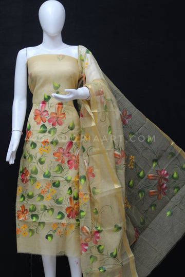 A5 - Beige Kota Doria Cotton Hand Pented Dress Material With Bottom.
