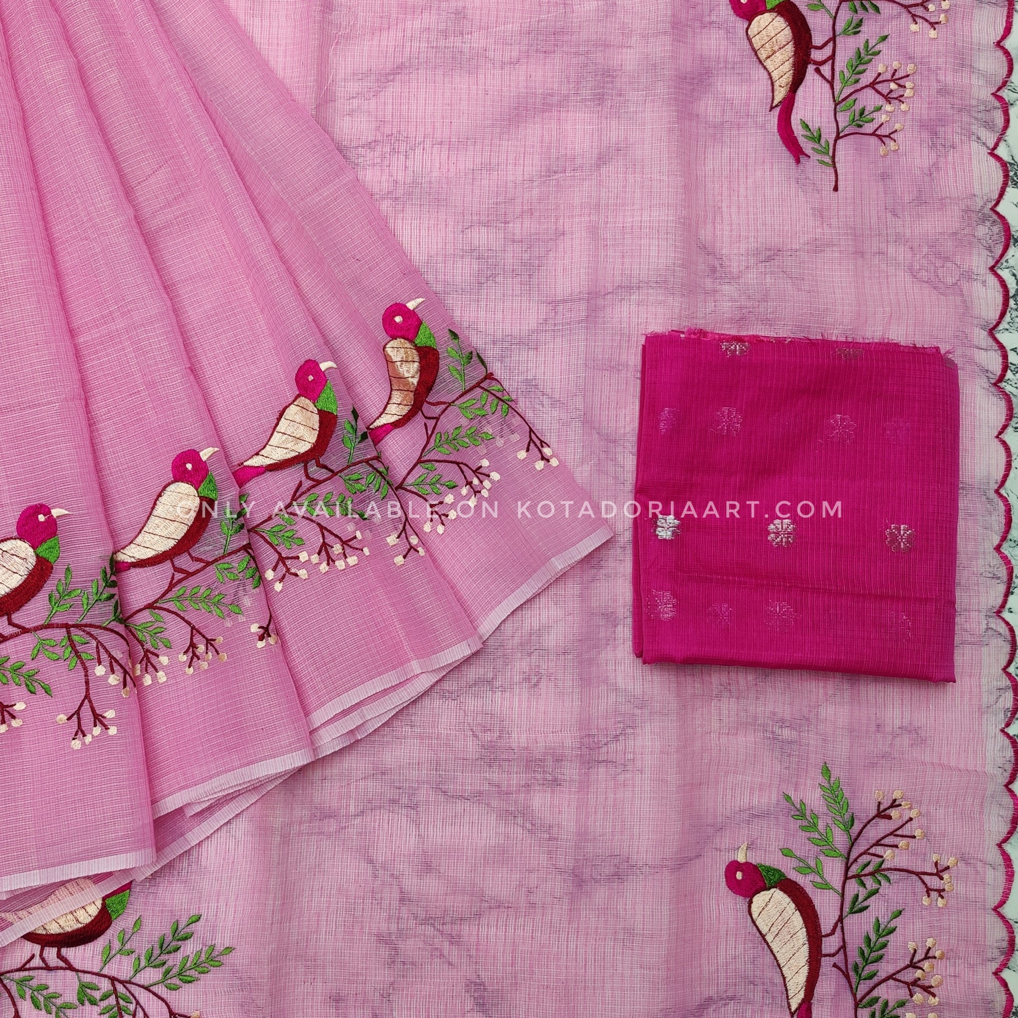 Cotton Kota Doria Embroidery Work Saree With Contrast Blouse Piece