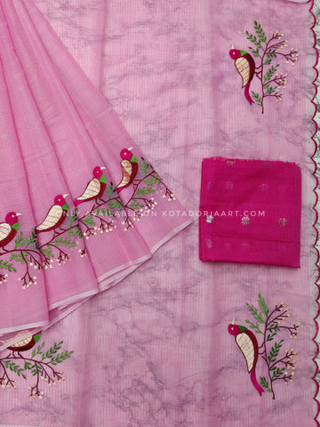 Cotton Kota Doria Embroidery Work Saree With Contrast Blouse Piece