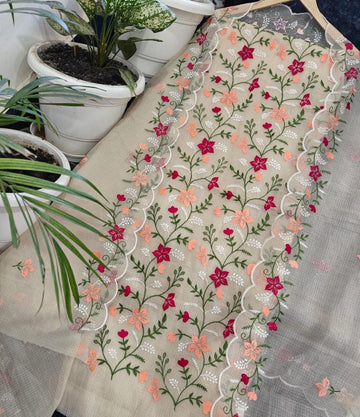 Beige Kota Doria Cotton Embroidery Work Dress Material