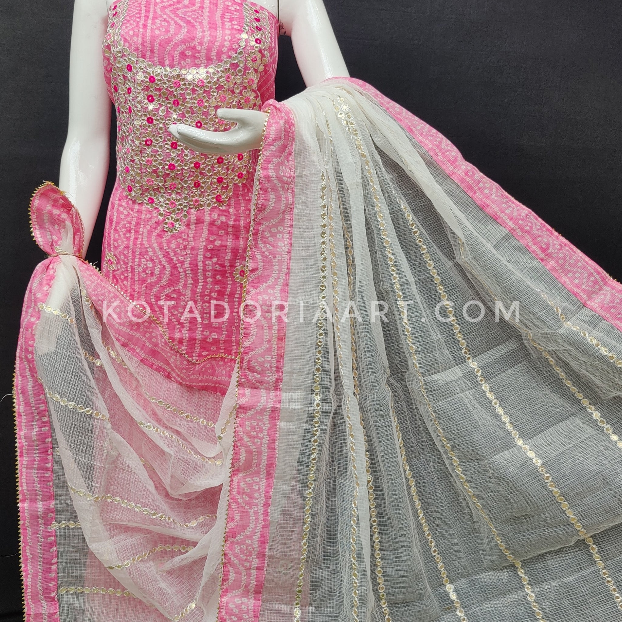 Pink Bandhej Kota Doria Cotton Gota-Patti Work Dress Material