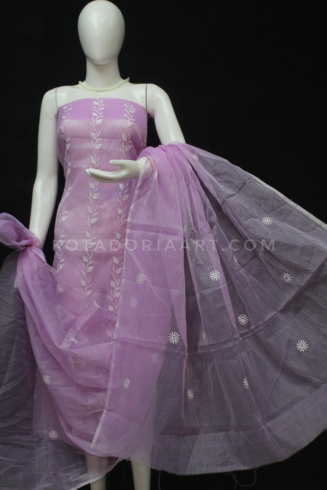 Purple Kota Doria Cotton Embroidery Work Dress Material