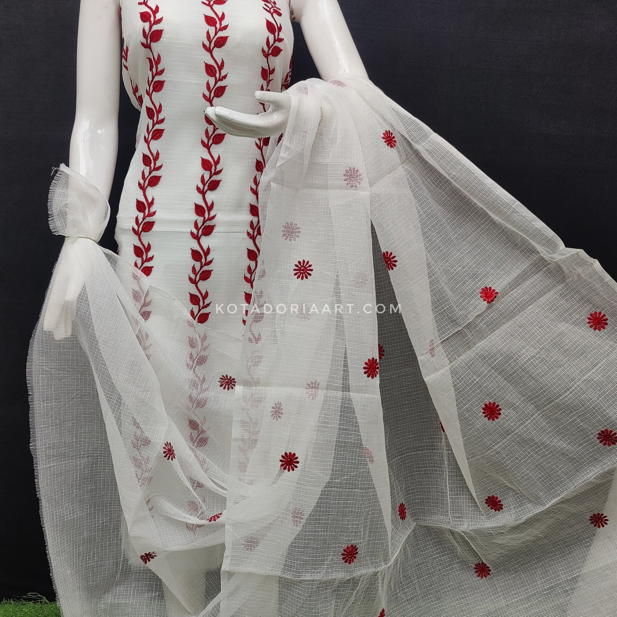 White Kota Doria Cotton Embroidery Work Dress Material