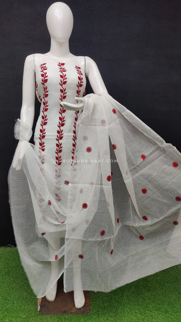 White Kota Doria Cotton Embroidery Work Dress Material