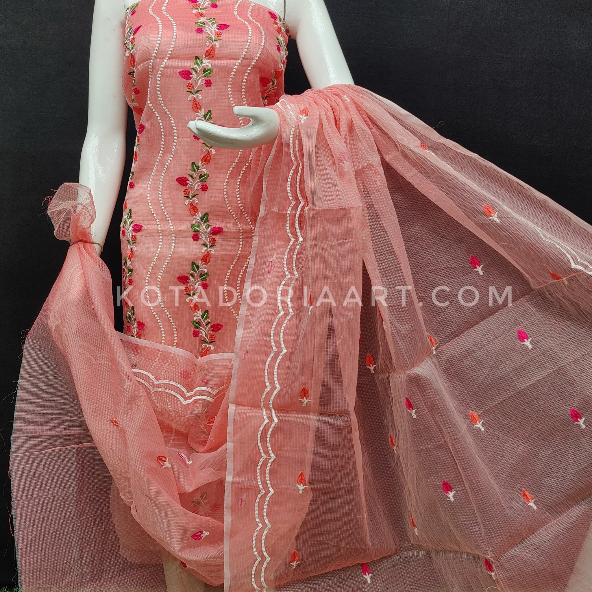 Peach Kota Doria Cotton Embroidery Work Dress Material