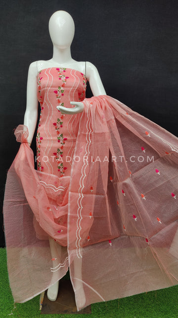 Peach Kota Doria Cotton Embroidery Work Dress Material