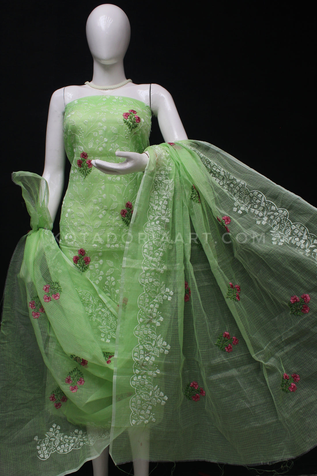 Green Kota Doria Cotton Embroidery Work Dress Material -