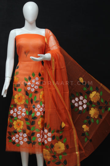 Orange Kota Doria Cotton Hand Pented Dress Material With Bottom.