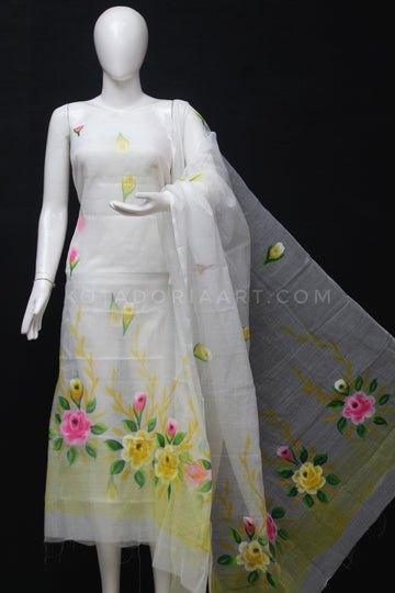 White Kota Doria Cotton Hand Pented Dress Material With Bottom.