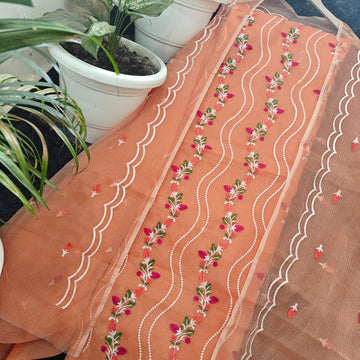 Orange Kota Doria Cotton Embroidery Work Dress Material