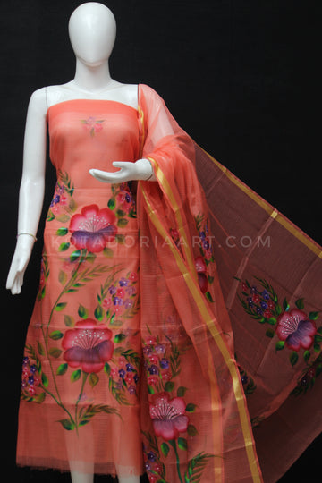 Carrot Kota Doria Cotton Hand Pented Dress Material With Bottom.