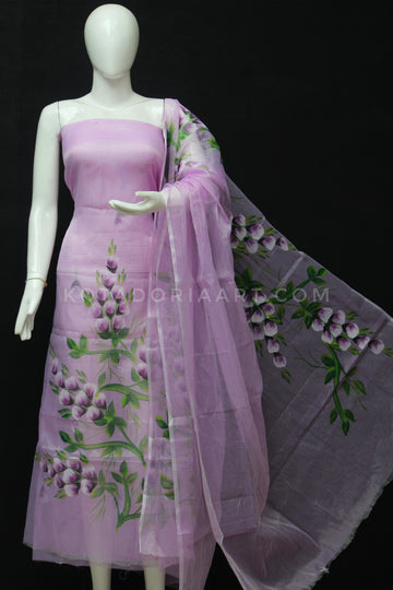 Purple Kota Doria Cotton Hand Pented Dress Material With Bottom.
