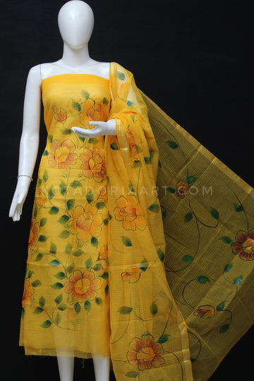Yellow Kota Doria Cotton Hand Pented Dress Material With Bottom.