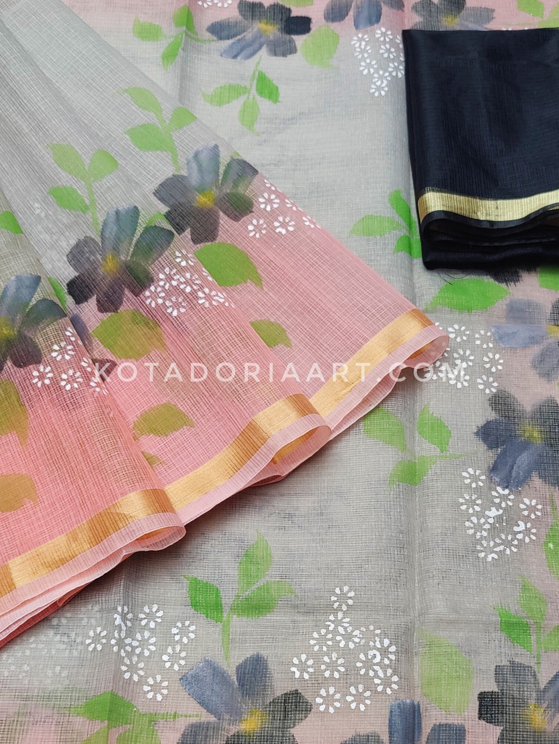Carrot Cotton Kota Doria Hand Painted Saree With Contrast Blouse