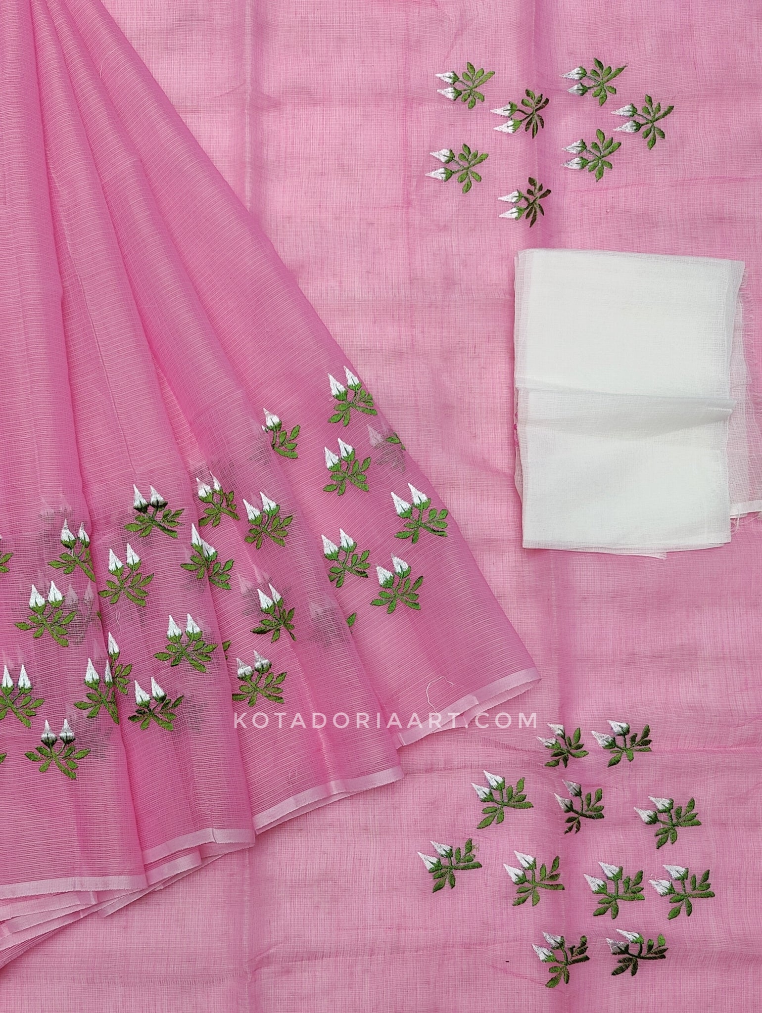Pink White Cotton Kota Doria Embroidery Work Saree With Contrast Blouse Piece