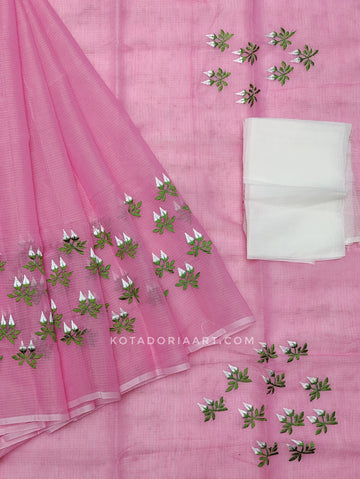 Pink White Cotton Kota Doria Embroidery Work Saree With Contrast Blouse Piece