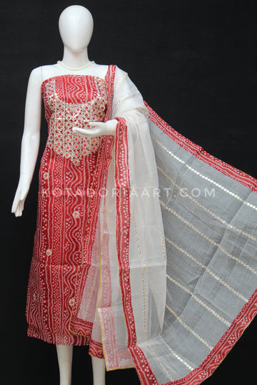 Red Bandhej Kota Doria Cotton Gota-Patti Work Dress Material