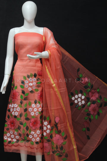 Carrot Kota Doria Cotton Hand Pented Dress Material With Bottom.
