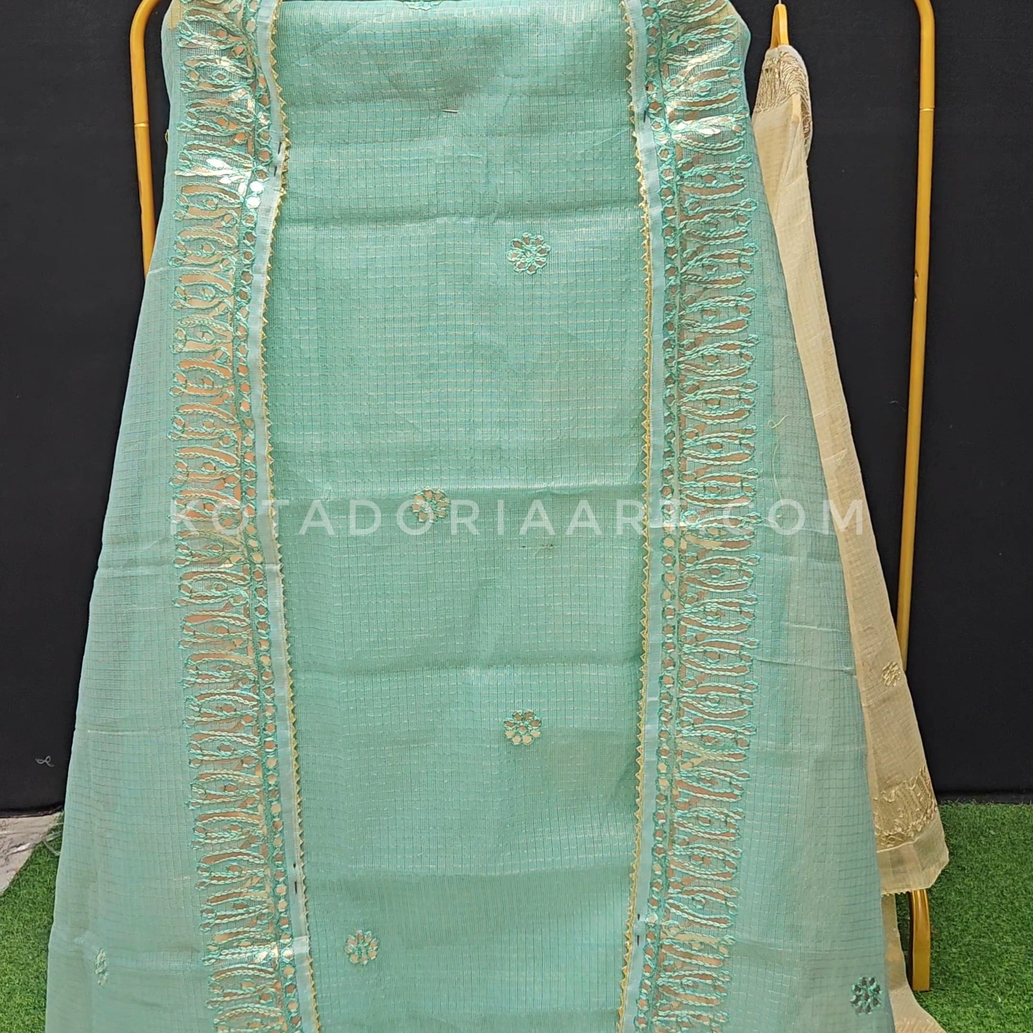 Sea green Kota Doria Cotton Gota-Patti Work Dress Material with Bottom