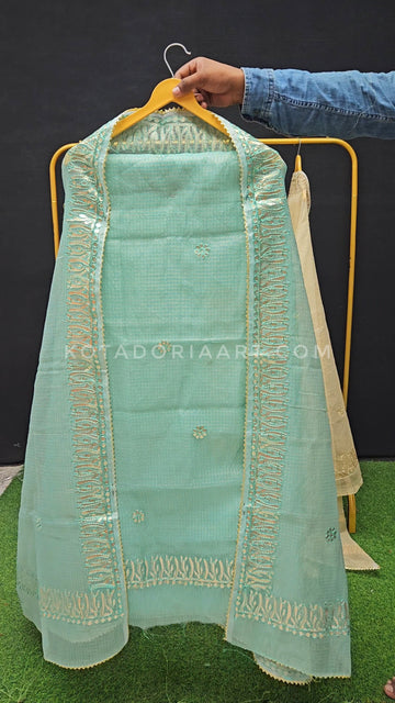 Sea green Kota Doria Cotton Gota-Patti Work Dress Material with Bottom