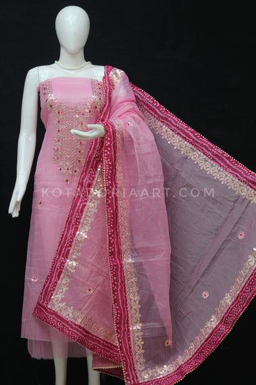 Pink Bandhej Border Kota Doria Cotton Gota-Patti Work Dress Material