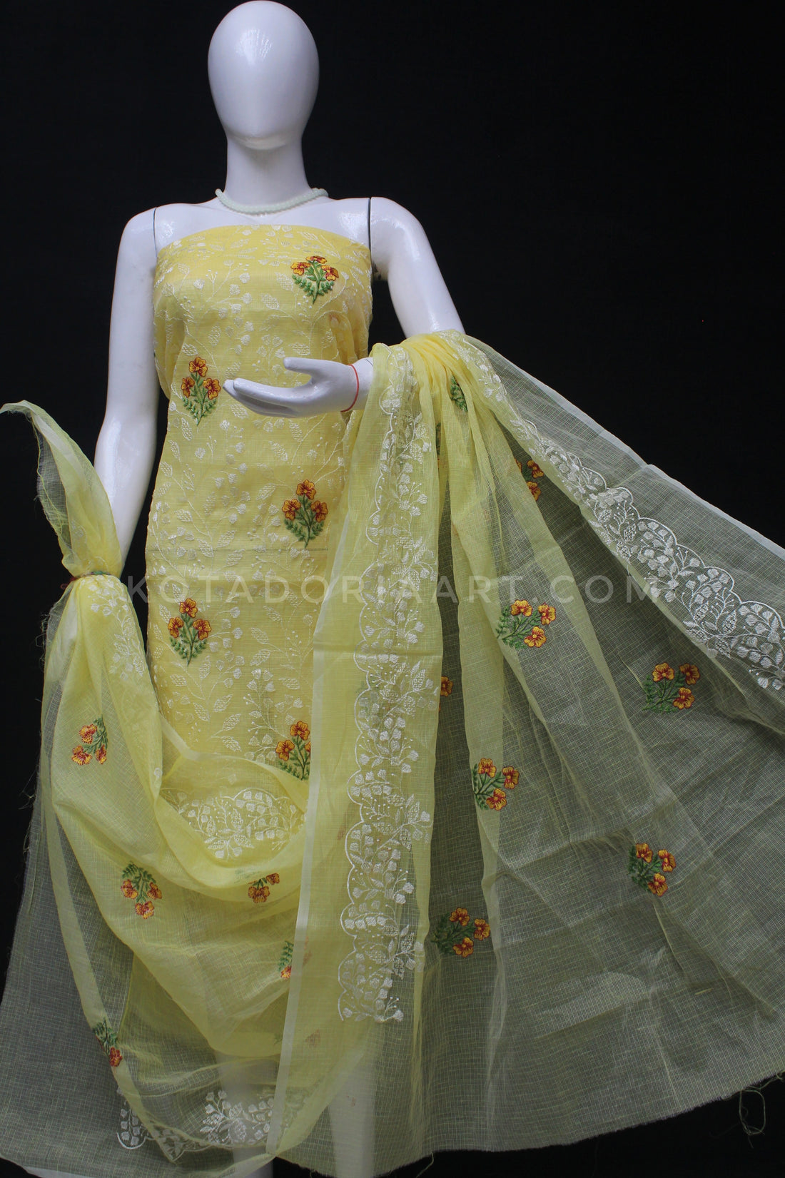Yellow Kota Doria Cotton Embroidery Work Dress Material -