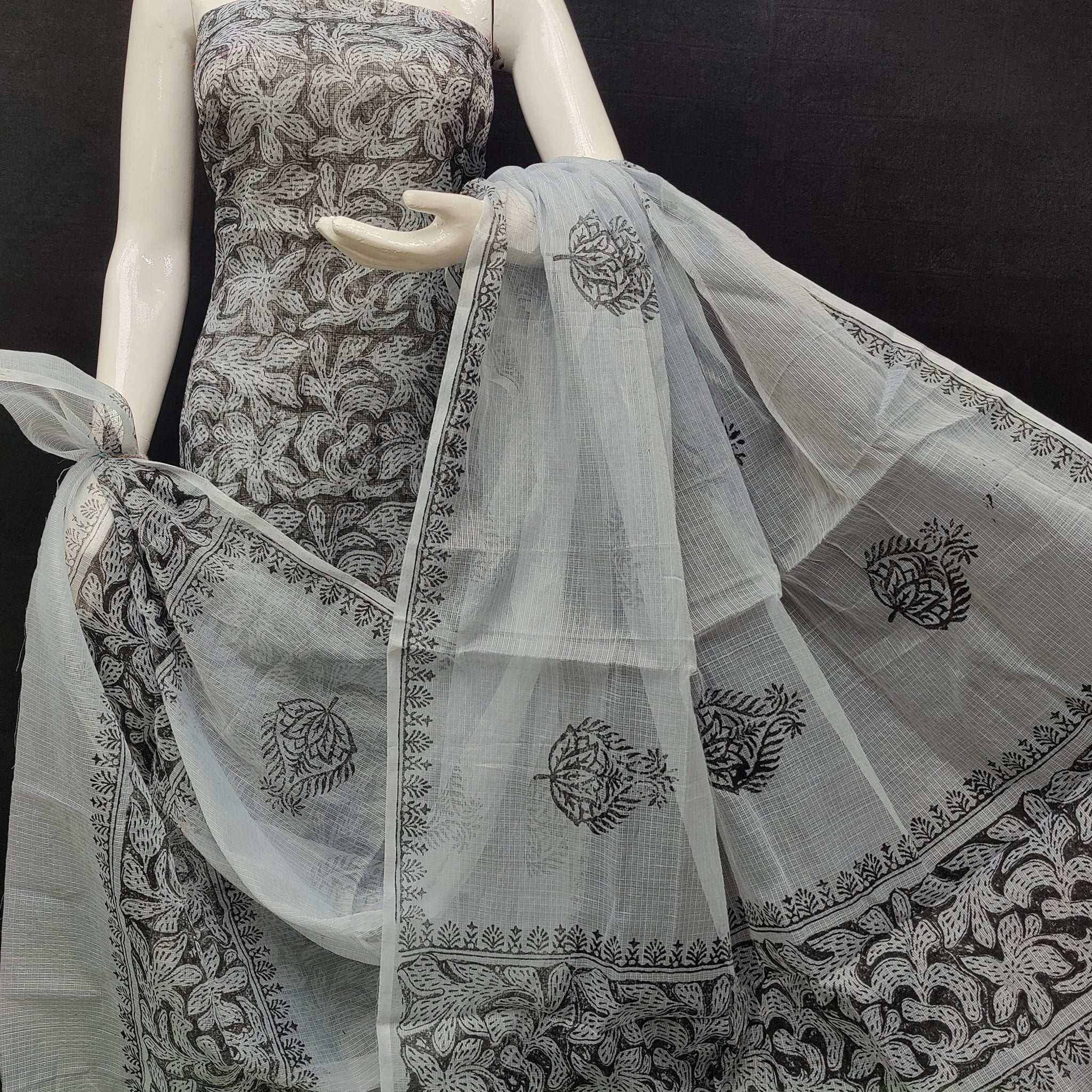 Gray Kota Doria Cotton Block Printed Dress Material