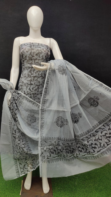 Gray Kota Doria Cotton Block Printed Dress Material