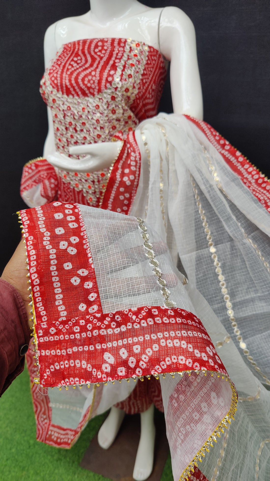 Red Bandhej Kota Doria Cotton Gota-Patti Work Dress Material