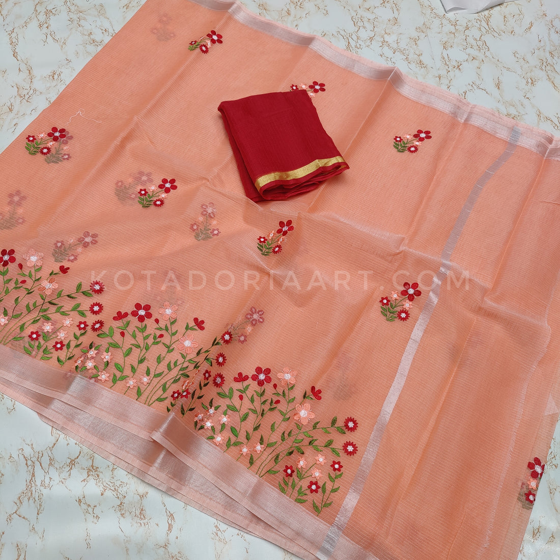 Orange Cotton Kota Doria Embroidery Work Saree With Contrast Blouse Piece