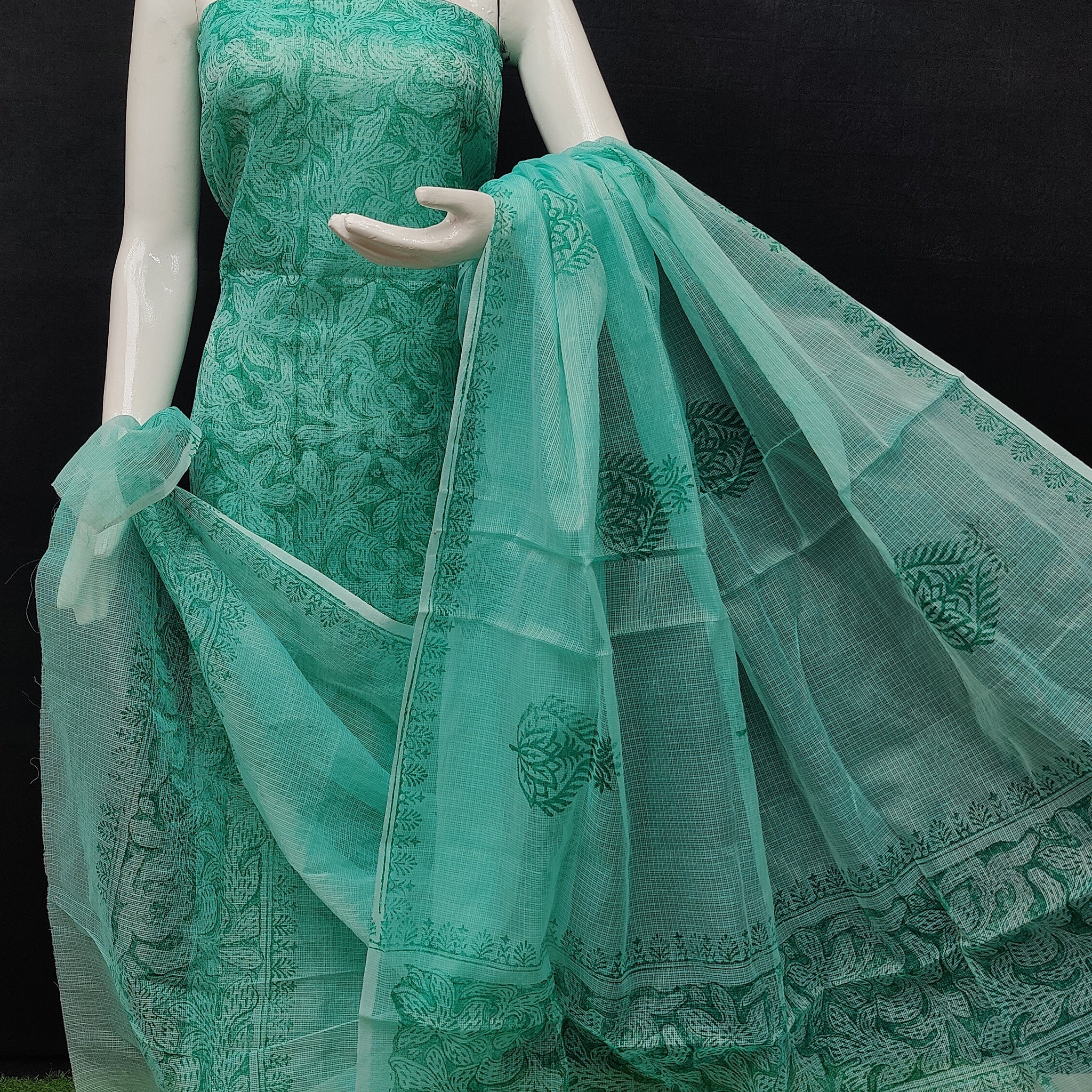 Sea Green Kota Doria Cotton Block Printed Dress Material