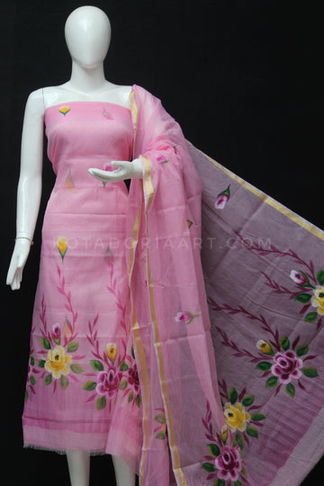 Pink Kota Doria Cotton Hand Pented Dress Material With Bottom.