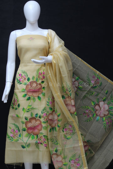 Beige Kota Doria Cotton Hand Pented Dress Material With Bottom.
