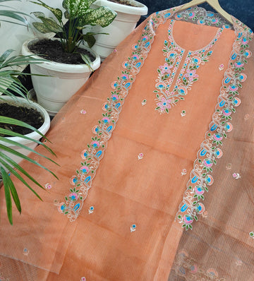 Orange Kota Doria Cotton Embroidery Work Dress Material