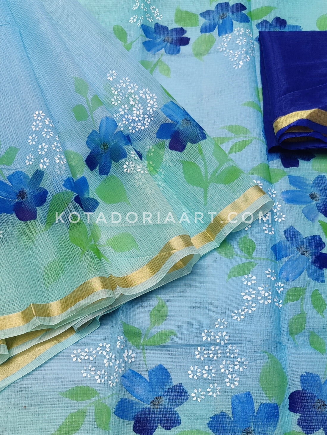 Sky-blue Cotton Kota Doria Hand Painted Saree With Contrast Blouse