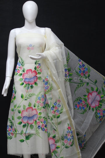 Cream Kota Doria Cotton Hand Pented Dress Material With Bottom.