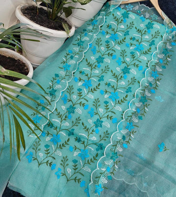 Sea-Green Kota Doria Cotton Embroidery Work Dress Material