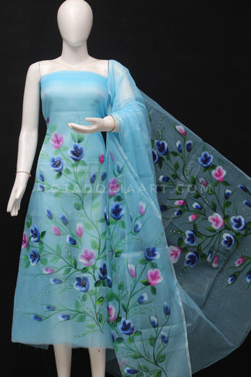 Sky-blue Kota Doria Cotton Hand Pented Dress Material With Bottom.