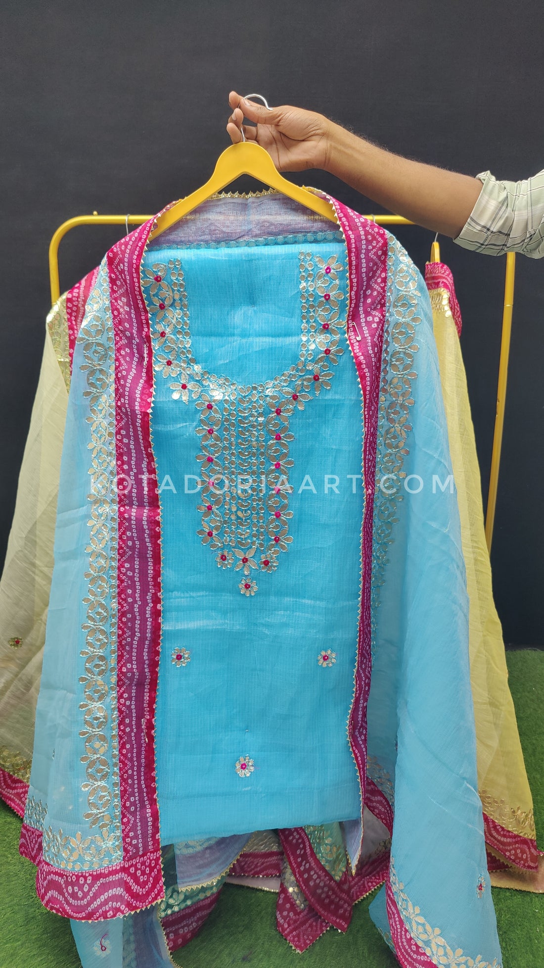 Sky-blue Bandhej Border Kota Doria Cotton Gota-Patti Work Dress Material