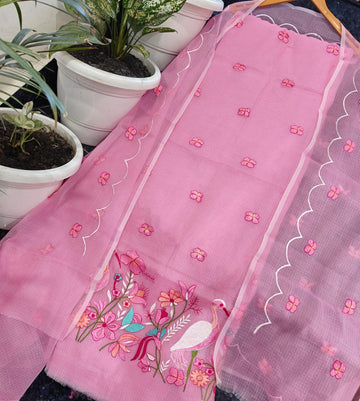 Pink Kota Doria Cotton Embroidery Work Dress Material